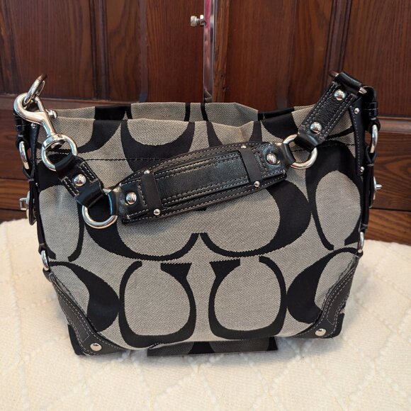 Coach Signature Carly Hobo Black Gray Canvas Brass Shoulder Bag Purse 12871 - Picture 2 of 12